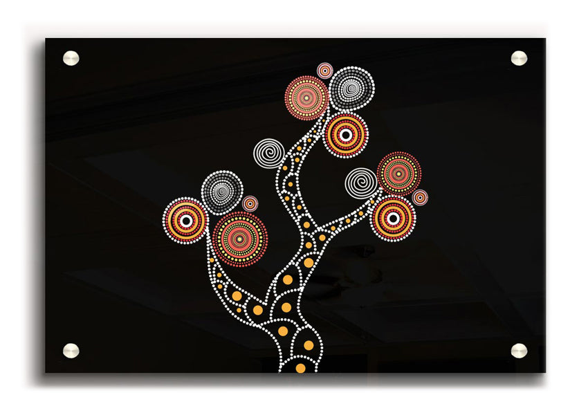 Vibrant Aboriginal Tree 1 acrylic print on 5mm thick glass, showcasing intricate designs and colors.